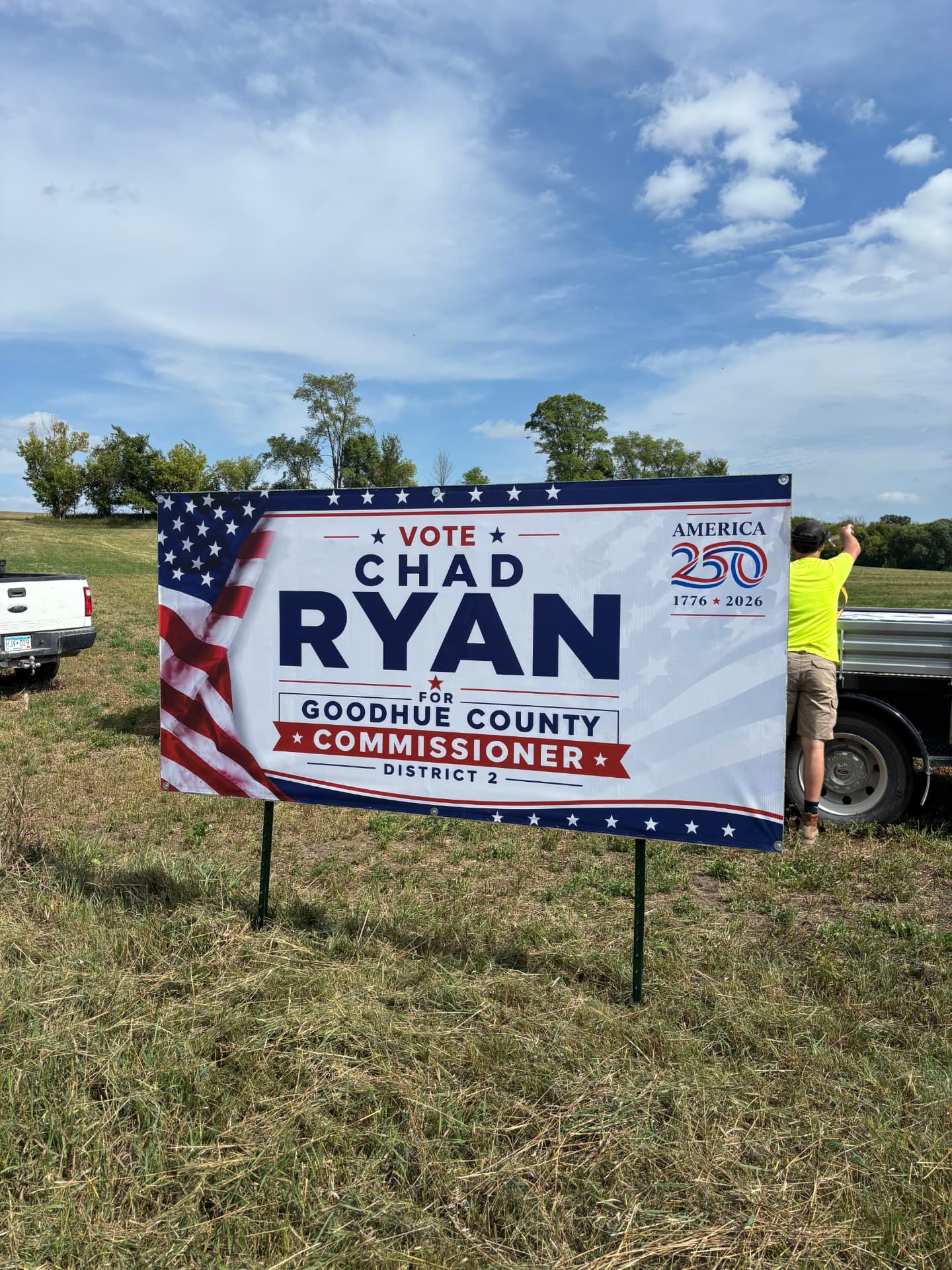 Vote Chad Ryan for Goodhue County Commissioner District 2 roadside campaign banner in a field in Goodhue County Minnesota.